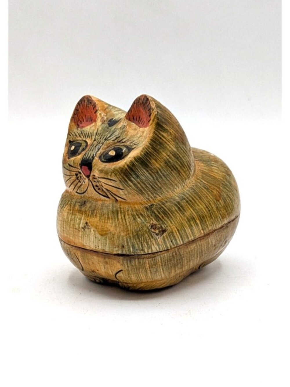 Vintage Small Figural Tan Cat Papier Mache Kitten Trinket Box Hand Painted 3”